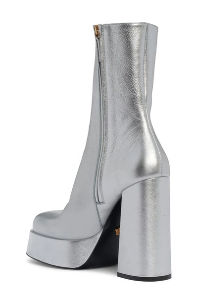 Shop Versace Metallic Square Toe Platform Bootie In Silver