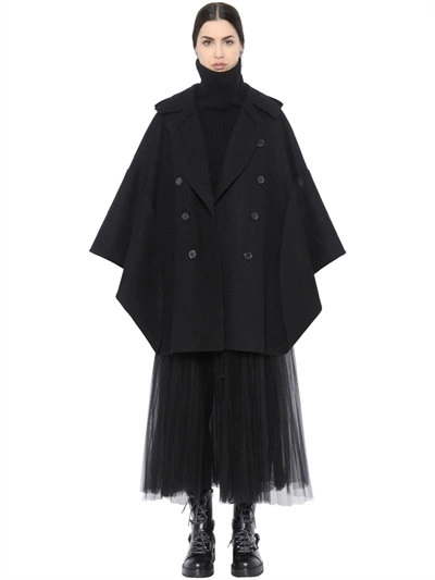 Valentino Double Breasted Felted Wool Cape, Black