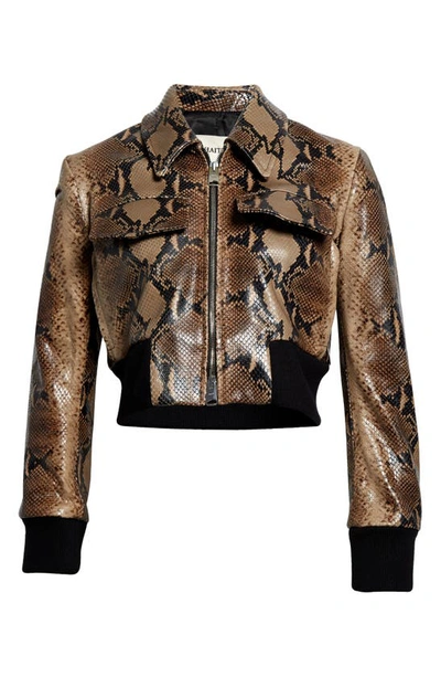 Shop Khaite Snake Embossed Leather Crop Bomber Jacket In Brown