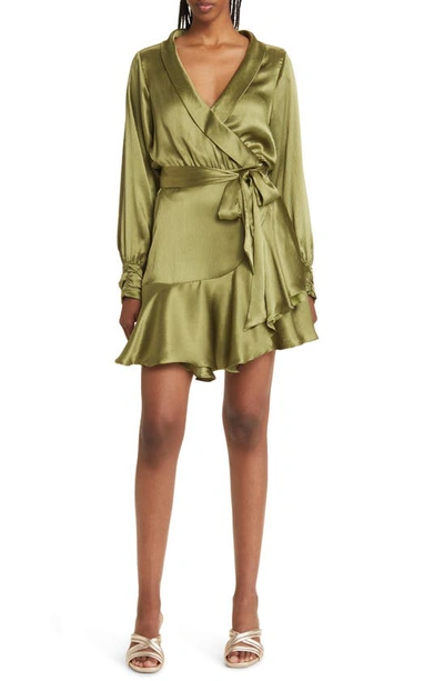 Btfl-life Galiena Long Sleeve Satin Wrap Dress In Olive