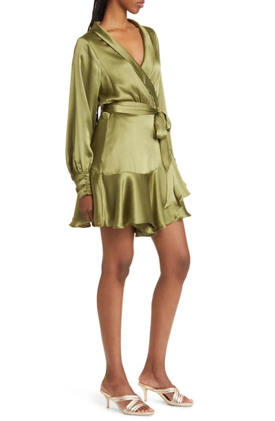 Btfl-life Galiena Long Sleeve Satin Wrap Dress In Olive