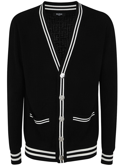 Shop Balmain Monogram Jacquard Wool Cardigan In Eab Noir Blanc