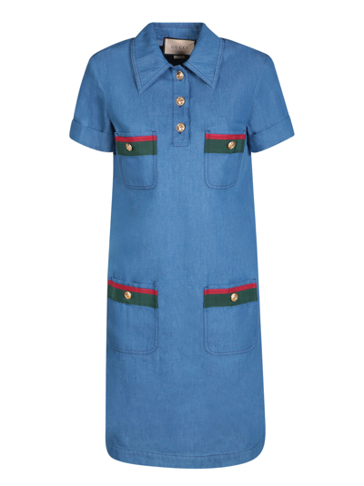 Shop Gucci Web Details Denim Blue Dress