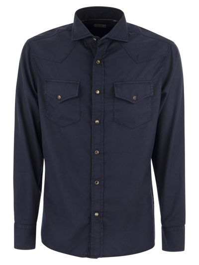 Shop Brunello Cucinelli Garment Dyed Twill Easy Fit Shirt With Press Studs In Blue