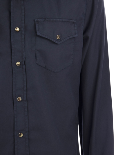 Shop Brunello Cucinelli Garment Dyed Twill Easy Fit Shirt With Press Studs In Blue