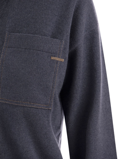 Shop Brunello Cucinelli Cashmere Sweater With Pocket In Dark Blue