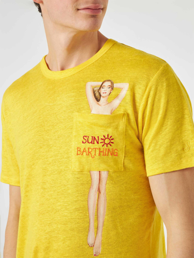 Shop Mc2 Saint Barth Yellow Linen Man T-shirt With Printed Pocket
