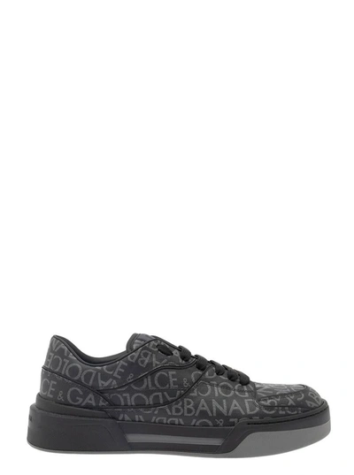 Shop Dolce & Gabbana 'new Roma' Black Low Top Sneakers With All-over Logo Print In Canvas And Leather Man In Grey
