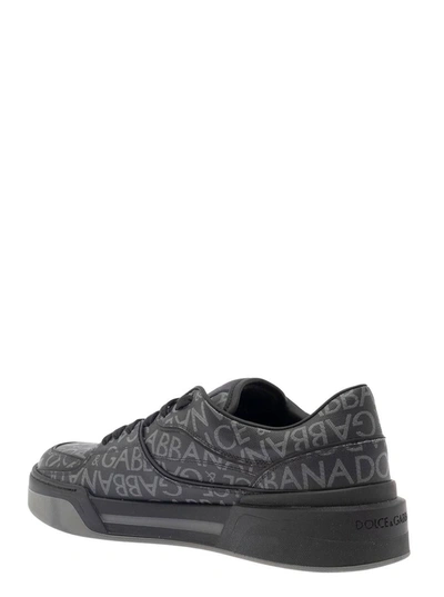 Shop Dolce & Gabbana 'new Roma' Black Low Top Sneakers With All-over Logo Print In Canvas And Leather Man In Grey