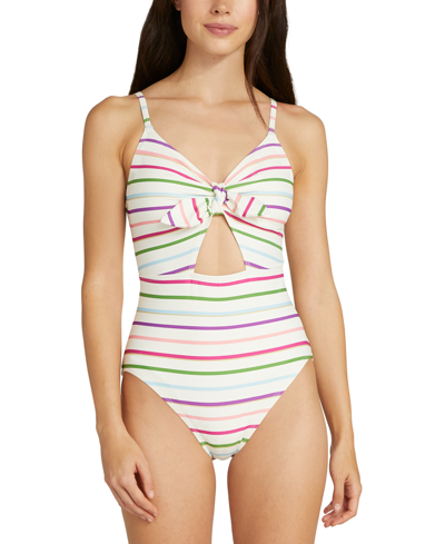 Shop Kate Spade Women's Striped Bunny-tie Cut-out One-piece Swimsuit In Multi