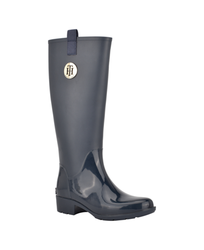 Tommy Hilfiger Karissa Womens Faux Leather Pull On Rain Boots In Dark Blue