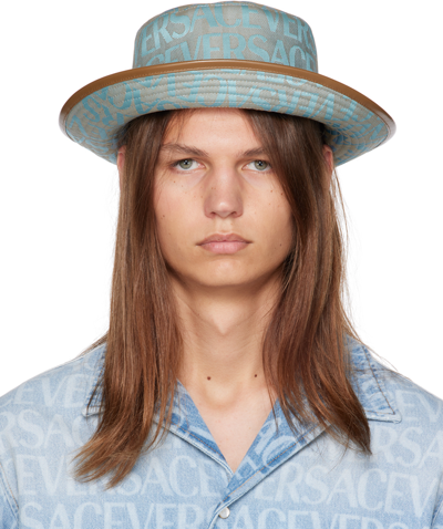 Shop Versace Blue Allover Bucket Hat In 2kb10-beige+light Bl