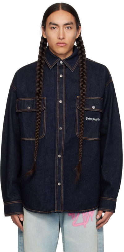Shop Palm Angels Navy Embroidered Denim Shirt In Navy Blue Whi