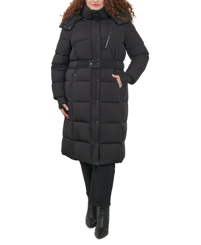 Shop Bcbgeneration Women's Plus Size Belted Hooded Puffer Coat In Black