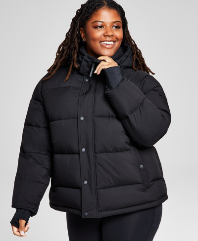 Shop Bcbgeneration Women's Plus Size High-low Hooded Puffer Coat In Black