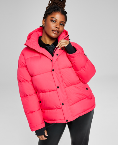 Shop Bcbgeneration Women's Plus Size High-low Hooded Puffer Coat In Fuchsia