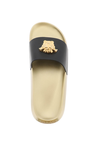 Shop Versace 'la Medusa' Slides In Gold,black