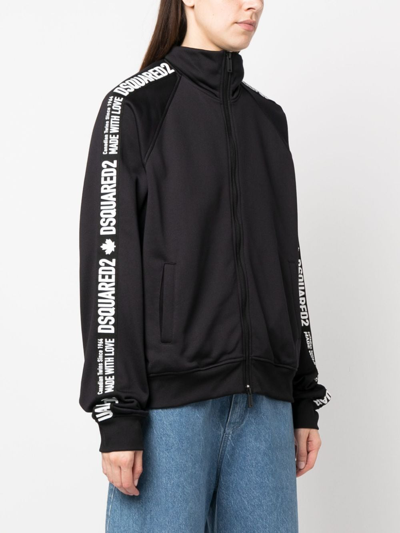 Dsquared2 Logo-stripes Zip-up Cotton Sweatshirt In Black