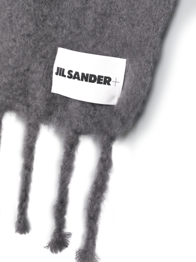 Shop Jil Sander Logo-patch Fringed Scarf In Grey