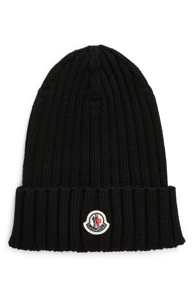 Shop Moncler Logo Patch Cuff Virgin Wool Rib Beanie In Black