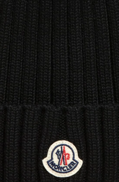 Shop Moncler Logo Patch Cuff Virgin Wool Rib Beanie In Black