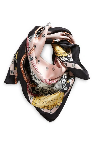 Shop Moschino Square Silk Scarf In Black/ Pink 003