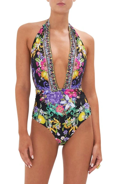 Shop Camilla Floral Plunge Halter One-piece Swimsuit In Meet Me In Marchesa