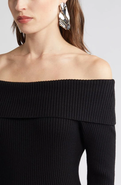 Shop Charles Henry Off The Shoulder Long Sleeve Rib Sweater Dress In Black