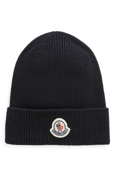 Shop Moncler Logo Patch Virgin Wool Knit Beanie In Dark Navy Blue