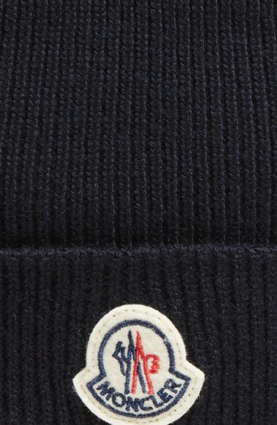 Shop Moncler Logo Patch Virgin Wool Knit Beanie In Dark Navy Blue