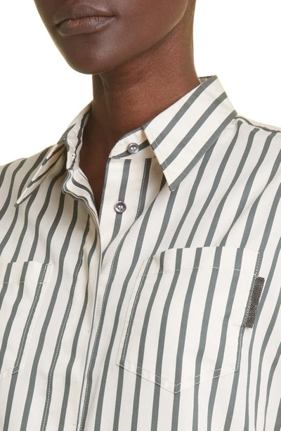 Shop Brunello Cucinelli Stripe Cotton & Silk Poplin Button-up Shirt In C001 Beige Green