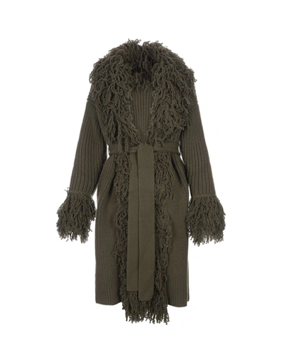 Shop Blumarine Olive Knitted Midi Coat With Belt In Green