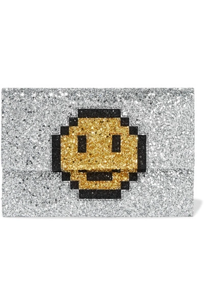 Anya Hindmarch Valorie Pixel Smiley Leather Clutch With Glitter In Silver-tone