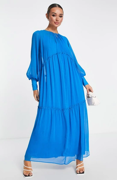 Topshop Chuck On Long Sleeve Tiered Maxi Dress In Mid Blue