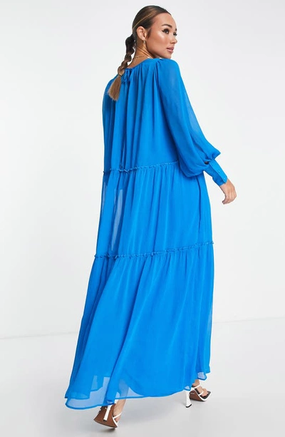 Topshop Chuck On Long Sleeve Tiered Maxi Dress In Mid Blue