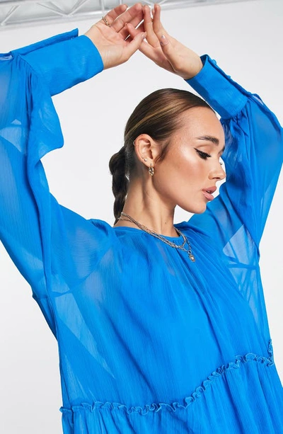 Topshop Chuck On Long Sleeve Tiered Maxi Dress In Mid Blue