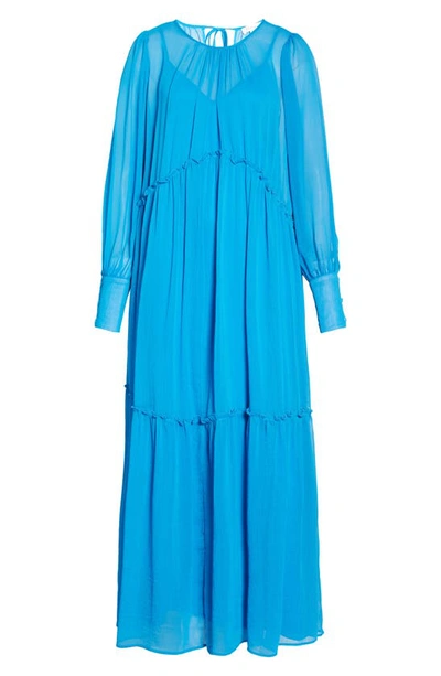 Topshop Chuck On Long Sleeve Tiered Maxi Dress In Mid Blue
