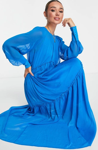 Topshop Chuck On Long Sleeve Tiered Maxi Dress In Mid Blue