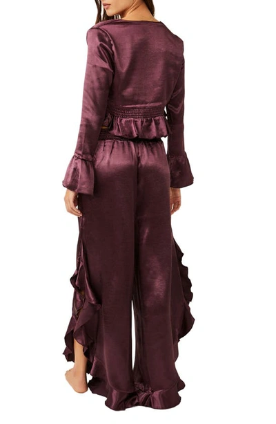 Free People Chasing Love Ruffle Satin Pajamas In Precious Wine
