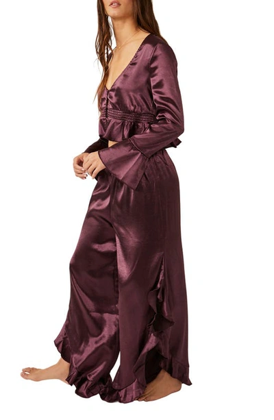 Free People Chasing Love Ruffle Satin Pajamas In Precious Wine