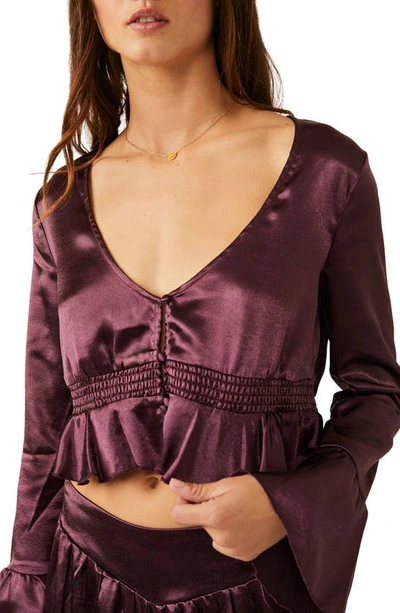 Free People Chasing Love Ruffle Satin Pajamas In Precious Wine