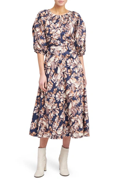 Shop En Saison Abella Floral Puff Sleeve Midi A-line Dress In Navy Blush