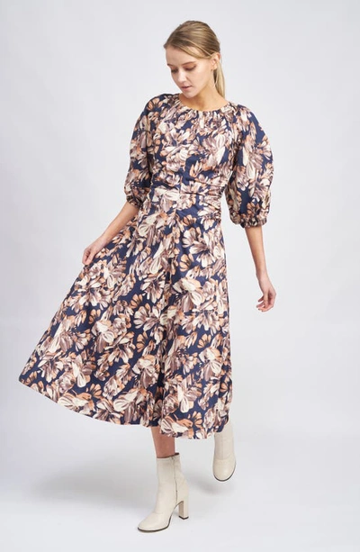 Shop En Saison Abella Floral Puff Sleeve Midi A-line Dress In Navy Blush