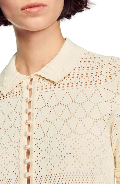 Sandro Solene Short Sleeve Sheer Pointelle Crop Sweater In Black