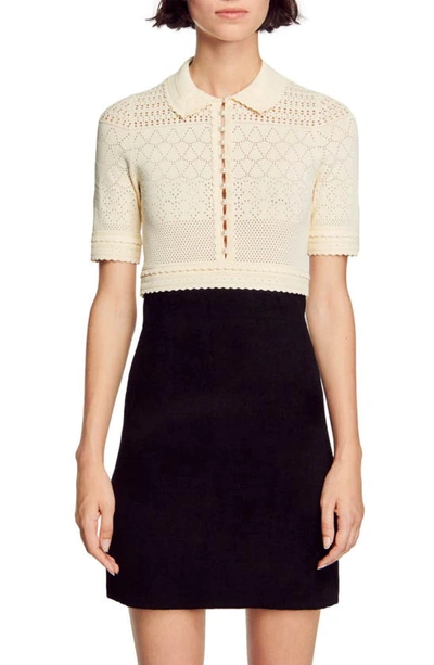 Sandro Solene Short Sleeve Sheer Pointelle Crop Sweater In Black
