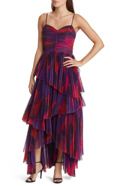 Hutch Akila Pleated Tiered Gown In Purple Messy Brushstrokes