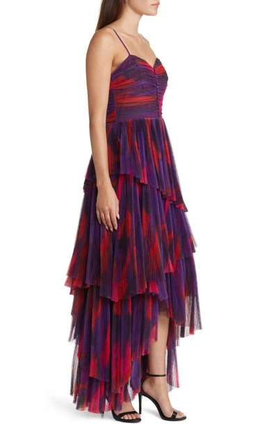 Hutch Akila Pleated Tiered Gown In Purple Messy Brushstrokes