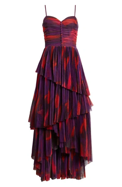 Shop Hutch Akila Pleated Tiered Gown In Purple Messy Brushstrokes