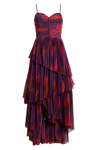 Hutch Akila Pleated Tiered Gown In Purple Messy Brushstrokes