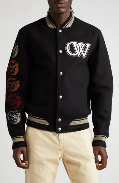 Shop Off-white Moon Phase Virgin Wool Blend Varsity Bomber Jacket In Black